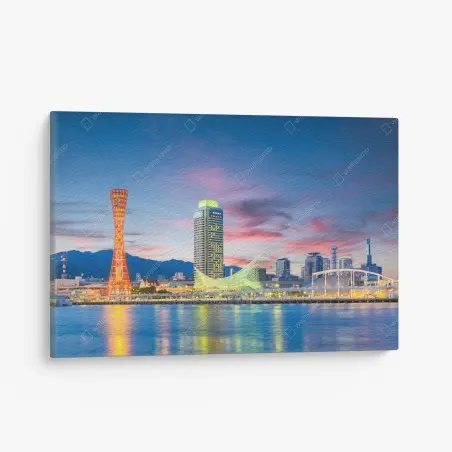 Tableau sur toile Kobe au crépuscule : panorama du port illuminé – Wallnifity®