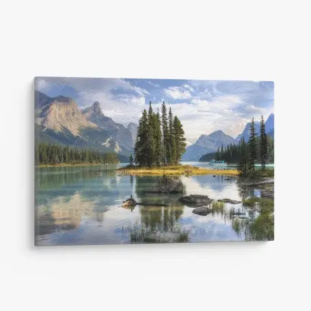 Tableau sur toile île boisée sur lac alpin aux eaux turquoises – Wallnifity®