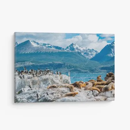Tableau sur toile colonie d'otaries et d'oiseaux marins au pied des montagnes – Wallnifity®
