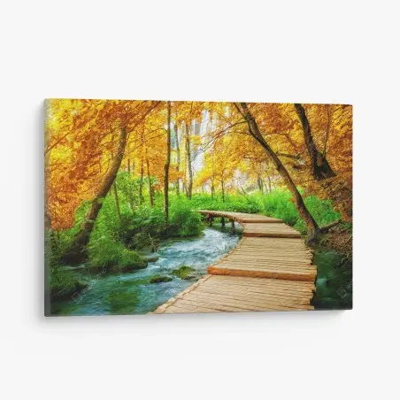 Tableau sur toile chemin en bois au bord des lacs de Plitvice en automne – Wallnifity®