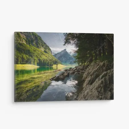 Tableau sur toile lac alpin émeraude au pied des montagnes – Wallnifity®