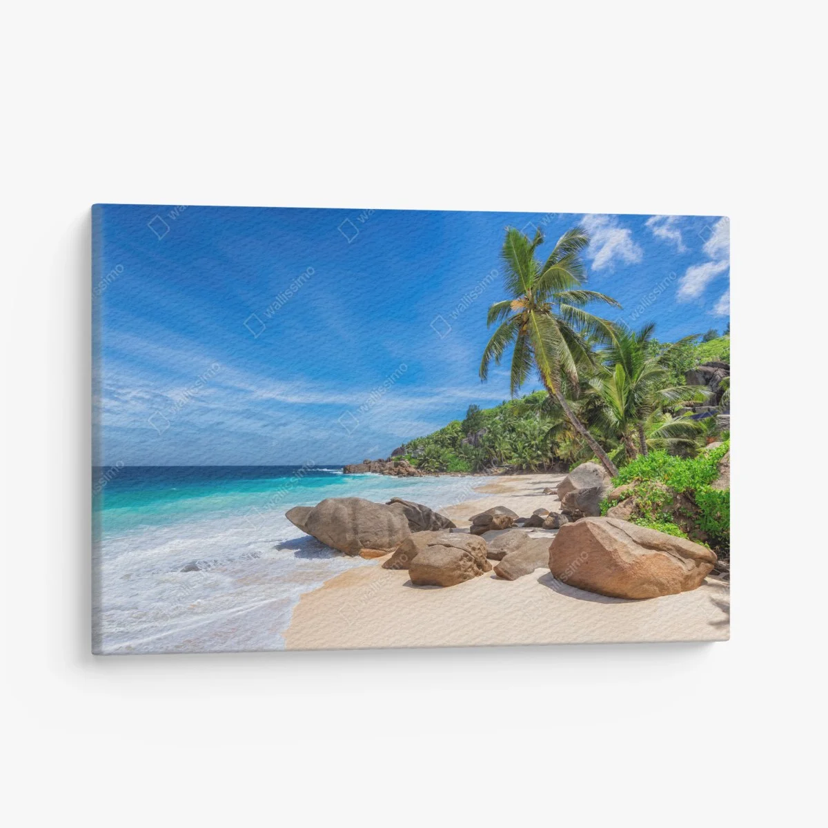 Tableau sur toile plage paradisiaque aux palmiers et rochers granitiques – Wallnifity® Tableau sur toile plage paradisiaque aux palmiers et rochers granitiques – Wallnifity®