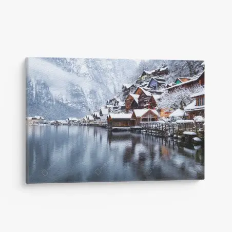 Tableau sur toile panorama hivernal de Hallstatt au bord du lac – Wallnifity®
