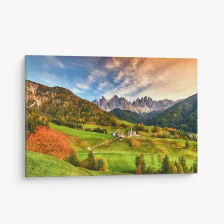 Tableau sur toile lever de soleil sur Santa Maddalena, Dolomites en automne – Wallnifity®