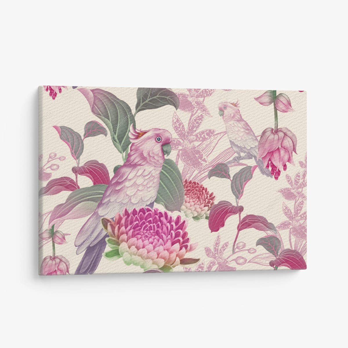 Tableau sur toile motif tropical élégant aux oiseaux et fleurs roses – Wallnifity®