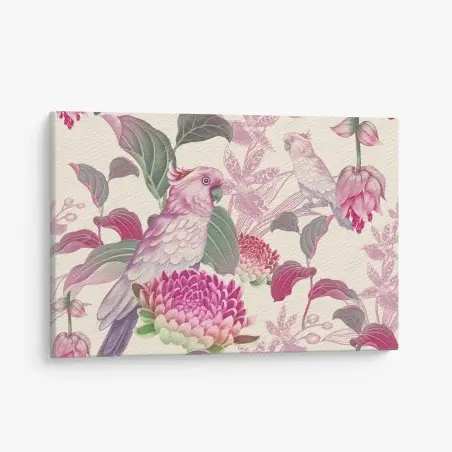 Tableau sur toile motif tropical élégant aux oiseaux et fleurs roses – Wallnifity®
