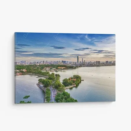 Tableau sur toile paysage urbain au bord du lac au coucher de soleil – Wallnifity®