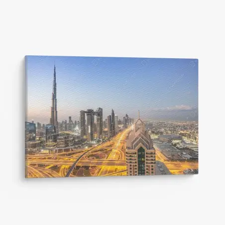 Tableau sur toile panorama urbain de Dubaï au crépuscule – Wallnifity®