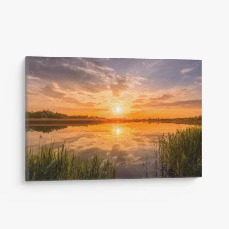 Tableau sur toile coucher de soleil doré au-dessus du lac tranquille – Wallnifity®