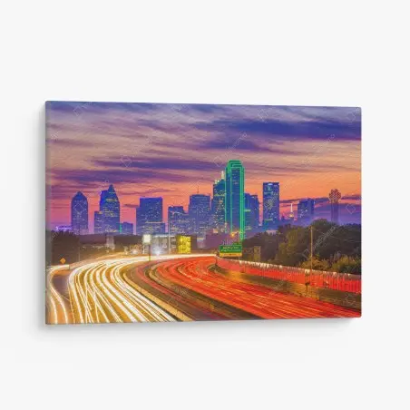 Tableau sur toile ligne d'horizon de Dallas au crépuscule – Wallnifity®