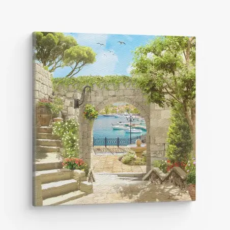 Tableau sur toile vue méditerranéenne depuis une arcade en pierre – Wallnifity®