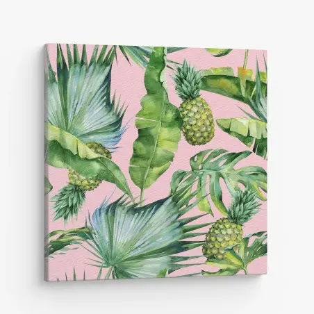 Tableau sur toile motif tropical ananas et feuilles aquarelle sur fond rose – Wallnifity®