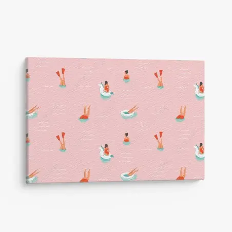 Tableau sur toile motif estival licorne et nageuses sur fond rose – Wallnifity®