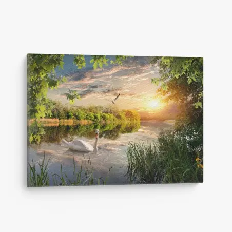 Tableau sur toile paysage au coucher de soleil avec un cygne blanc – Wallnifity®