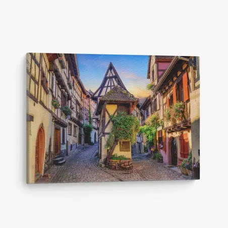 Tableau sur toile rue pittoresque d'Eguisheim au coucher du soleil – Wallnifity®