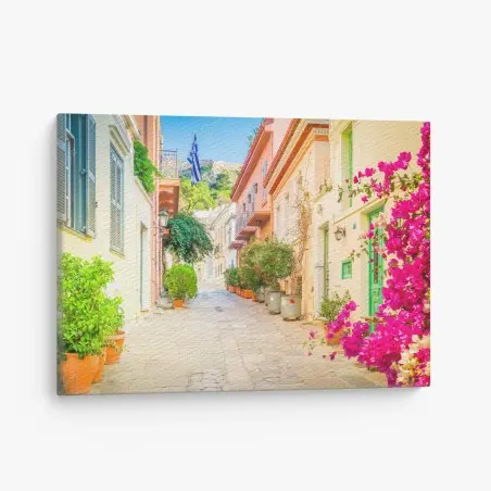 Tableau sur toile ruelle pittoresque d'Athènes aux bougainvilliers – Wallnifity®