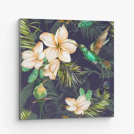 Tableau sur toile jardin tropical aux colibris et frangipaniers sur fond sombre – Wallnifity®