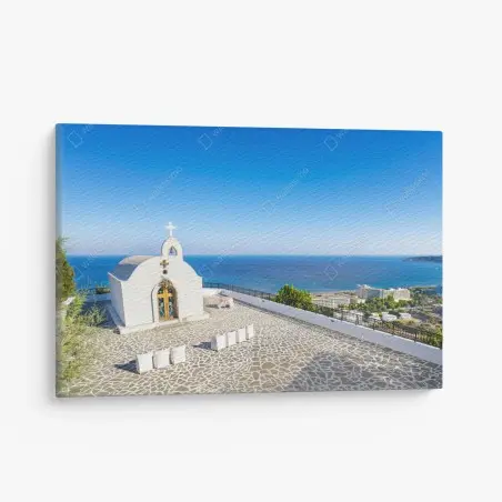 Tableau sur toile chapelle de mariage surplombant la mer à Faliraki – Wallnifity®