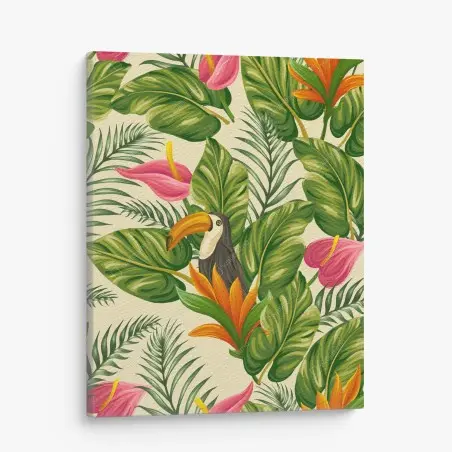 Tableau sur toile motif jungle tropicale au toucan et feuillages – Wallnifity®