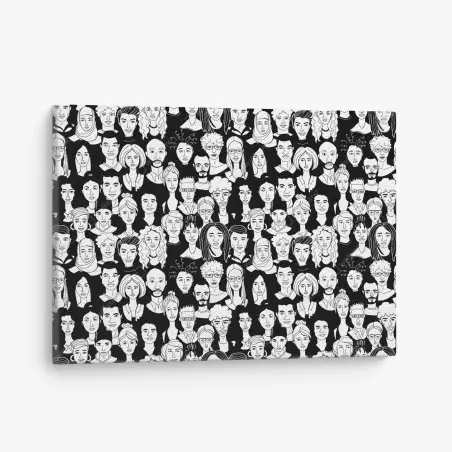 Tableau sur toile foule de visages stylisés en noir et blanc – Wallnifity®
