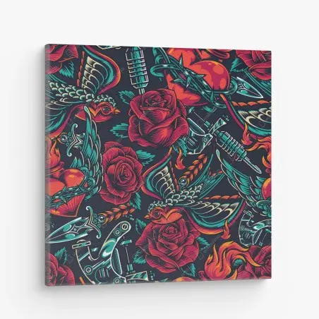 Tableau sur toile motif rétro tatouage roses et hirondelles – Wallnifity®