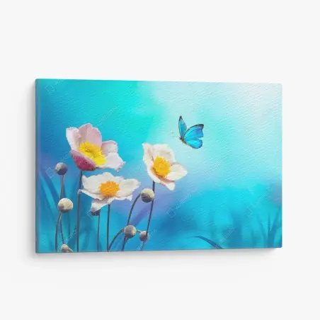 Tableau sur toile élégance printanière — anémones et papillon bleu – Wallnifity®