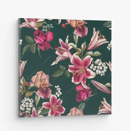 Tableau sur toile motif floral élégant sur fond vert profond – Wallnifity®