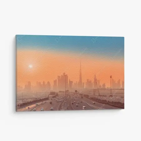 Tableau sur toile panorama orangé de Dubaï au coucher du soleil – Wallnifity®
