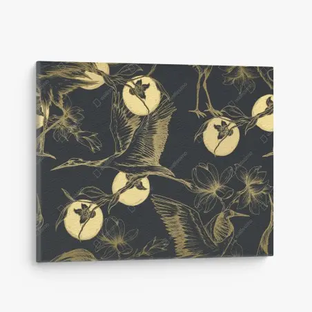 Tableau sur toile hérons et lunes dorées sur fond sombre – Wallnifity®