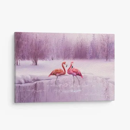 Tableau sur toile flamants roses dans un paysage hivernal lilas – Wallnifity®