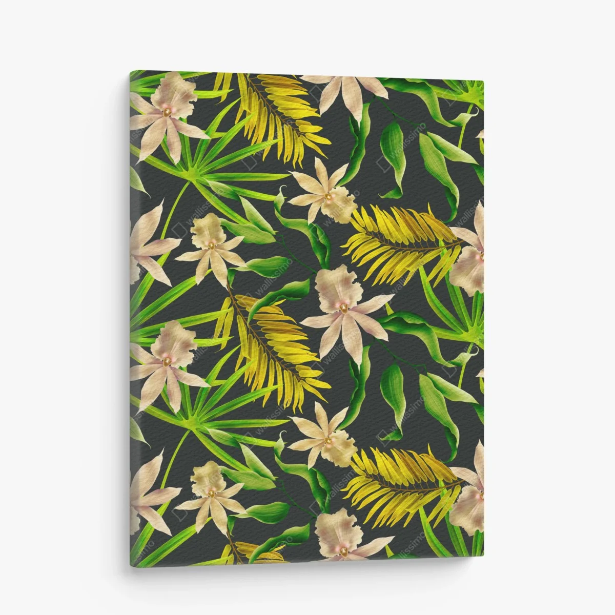 Tableau sur toile motif tropical d'orchidées et de feuilles exotiques sur fond sombre – Wallnifity® Tableau sur toile motif tropical d'orchidées et de feuilles exotiques sur fond sombre – Wallnifity®