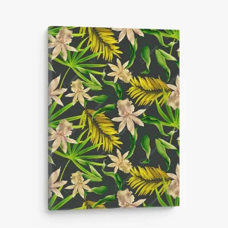 Tableau sur toile motif tropical d'orchidées et de feuilles exotiques sur fond sombre – Wallnifity®