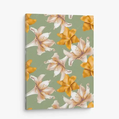 Tableau sur toile motif floral de lys orangés sur fond vert sauge – Wallnifity®