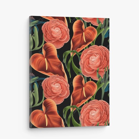 Tableau sur toile motif floral tropical aux anthuriums et renoncules sur fond noir – Wallnifity®