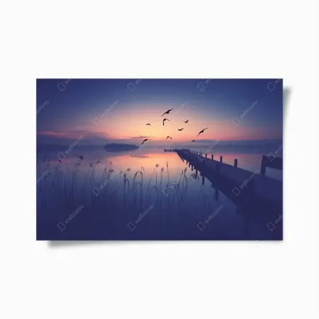 Poster paysage au crépuscule avec ponton et oiseaux – Wallnifity®