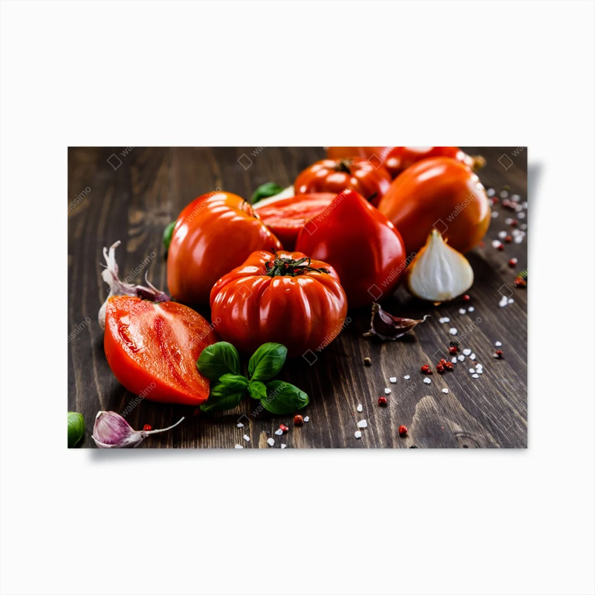 Poster composition gourmande de tomates et basilic sur fond en bois – Wallnifity® Poster composition gourmande de tomates et basilic sur fond en bois – Wallnifity®