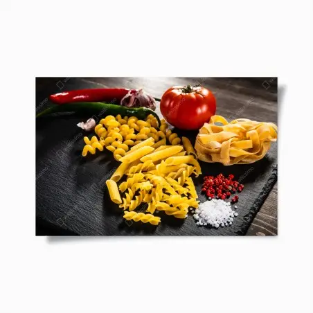 Poster composition de pâtes variées et ingrédients méditerranéens – Wallnifity®