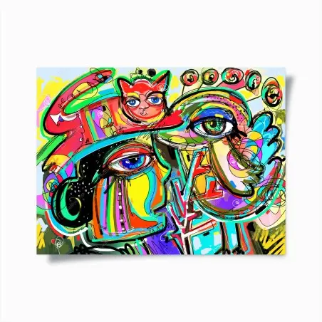 Poster rencontre colorée: visage, oiseau et chat rouge – Wallnifity®