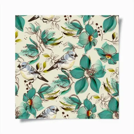 Poster fleurs et oiseaux rétro en turquoise – Wallnifity®