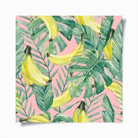 Poster motif tropical bananes et feuilles aquarelle sur fond rose – Wallnifity®