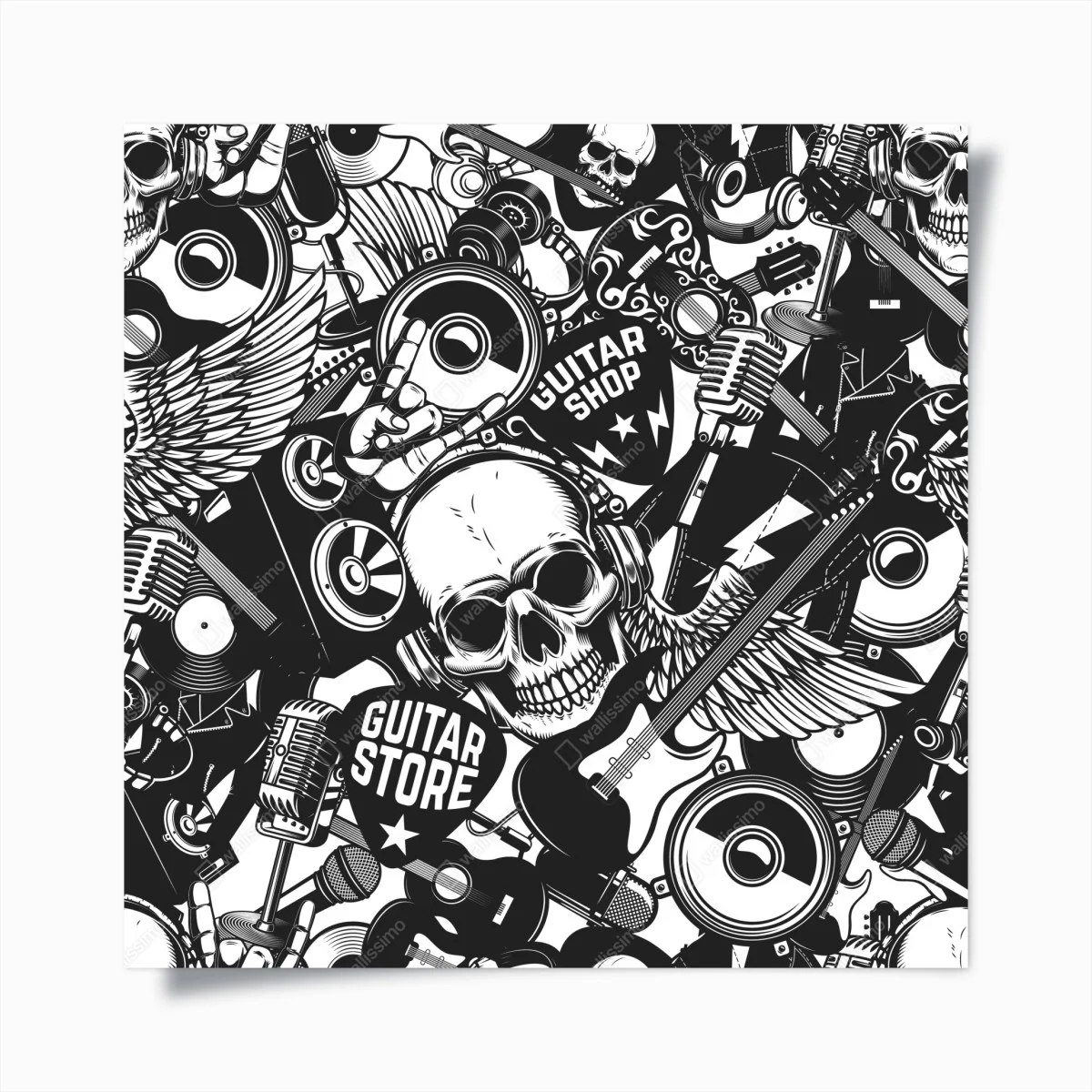 Poster motif rock'n'roll monochrome avec crâne et guitares – Wallnifity® Poster motif rock'n'roll monochrome avec crâne et guitares – Wallnifity®