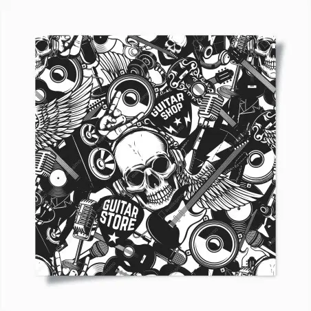 Poster motif rock'n'roll monochrome avec crâne et guitares – Wallnifity®