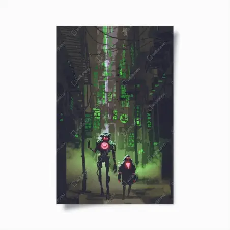 Poster ruelle cyberpunk aux néons verts – Wallnifity®