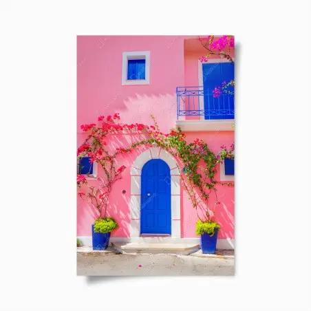 Poster porte bleue sur façade rose aux bougainvilliers – Wallnifity®