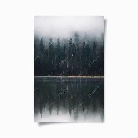 Poster forêt brumeuse au bord du lac, reflet apaisant – Wallnifity®