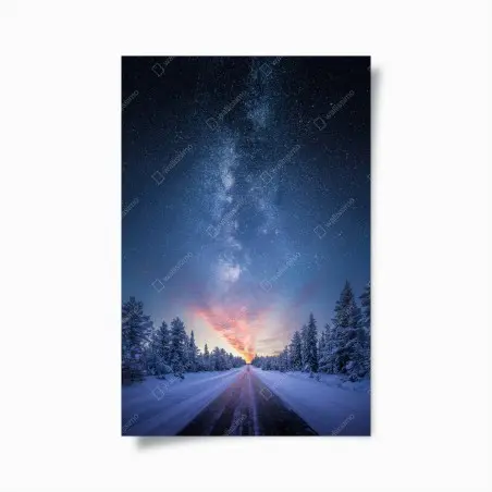 Poster route vers la voie lactée au-dessus d'une forêt enneigée – Wallnifity®