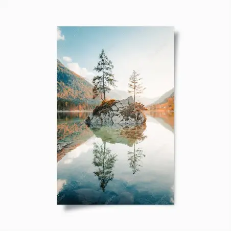 Poster îlot rocheux et reflet sur le lac à Hintersee – Wallnifity®