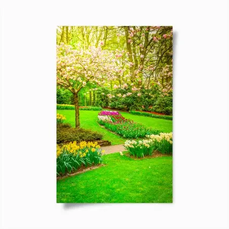 Poster jardin printanier aux tulipes et cerisiers en fleurs – Wallnifity®
