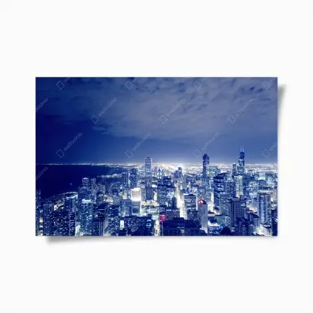 Poster panorama nocturne de Chicago en lumières bleutées – Wallnifity®