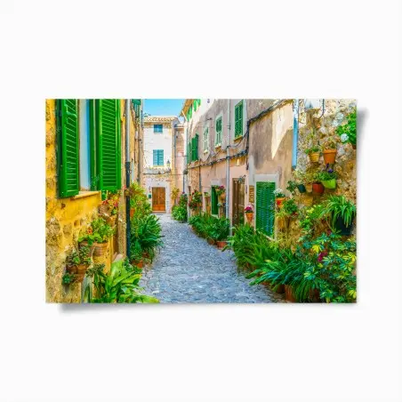 Poster ruelle méditerranéenne fleurie aux volets verts – Wallnifity®
